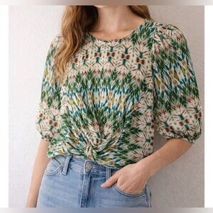 Aryn K Silk Earth Tone Top Twist Front 3/4 Sleeves Zip Back Blouse Top Size XS